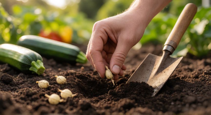 como plantar calabacines, Mano sembrando semillas de calabacín en el huerto con una pala de madera