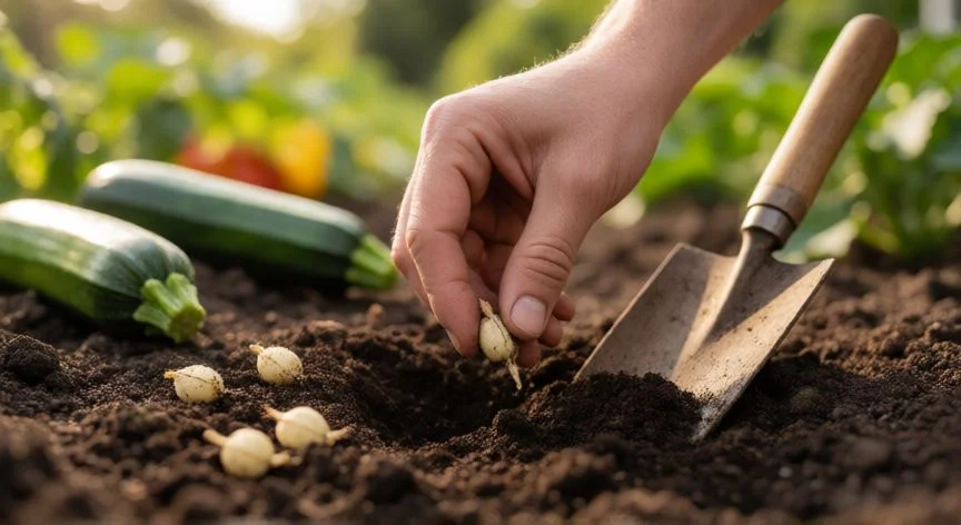 como plantar calabacines, Cosecha de calabacín con tijeras en huerto doméstico al mediodía