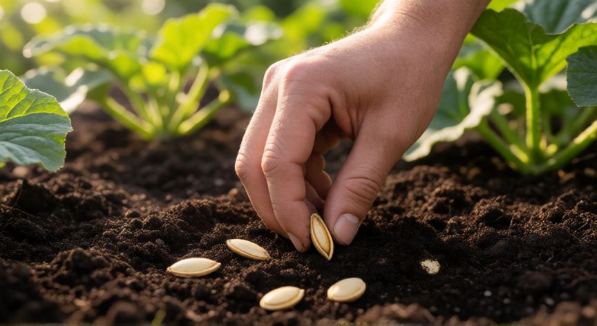 como plantar calabazas, Manos plantando semillas de calabaza en suelo fértil