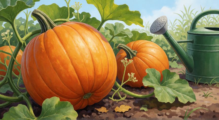 como plantar calabazas, Calabazas maduras creciendo en el huerto con riego