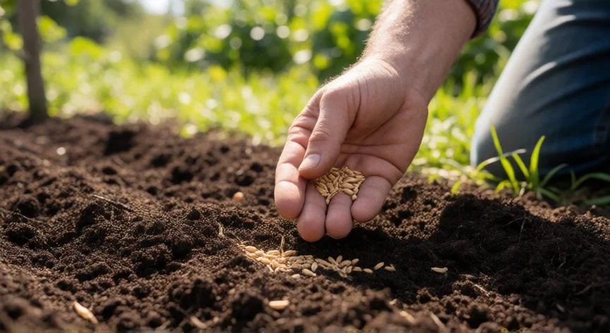 Joven plantel de cebolla con raíces expuestas sobre tierra suelta en un huerto casero al sol