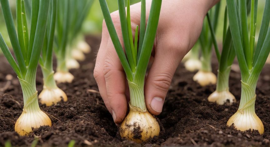 como plantar cebollas, Trasplante de plántulas de cebolla en hileras en el huerto