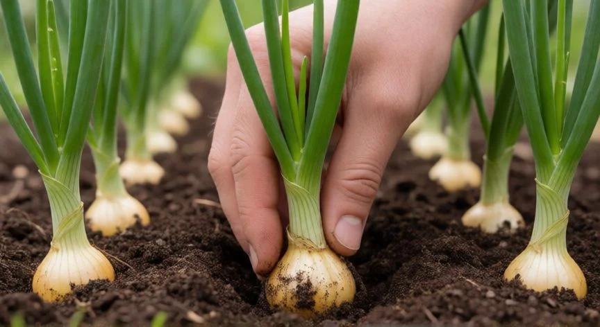 como plantar cebollas, Cebollas recién cosechadas sobre tierra seca con hojas doradas en un campo rural