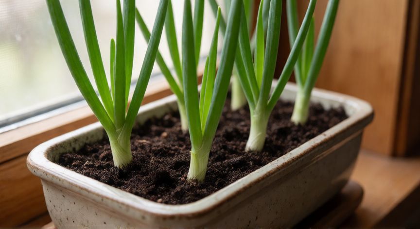 como plantar cebollas en casa, Jardin interior con cebollas verdes creciendo en una maceta de ceramica sobre un alfenil de madera