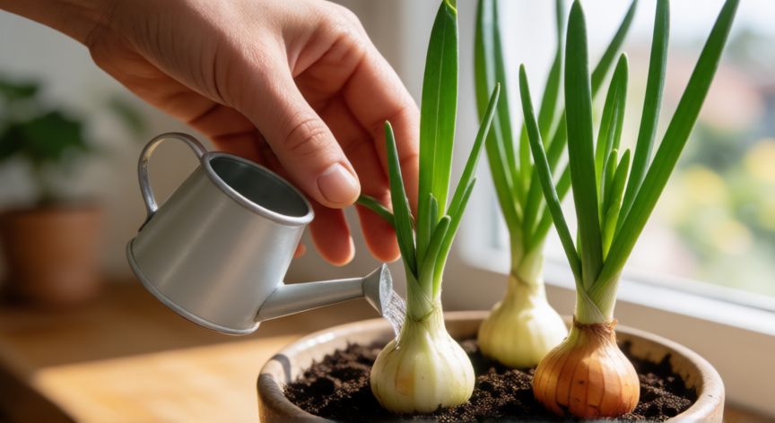 como plantar cebollas en casa, Mano regando plantas de cebolla joven en una maceta con luz solar brillante de fondo