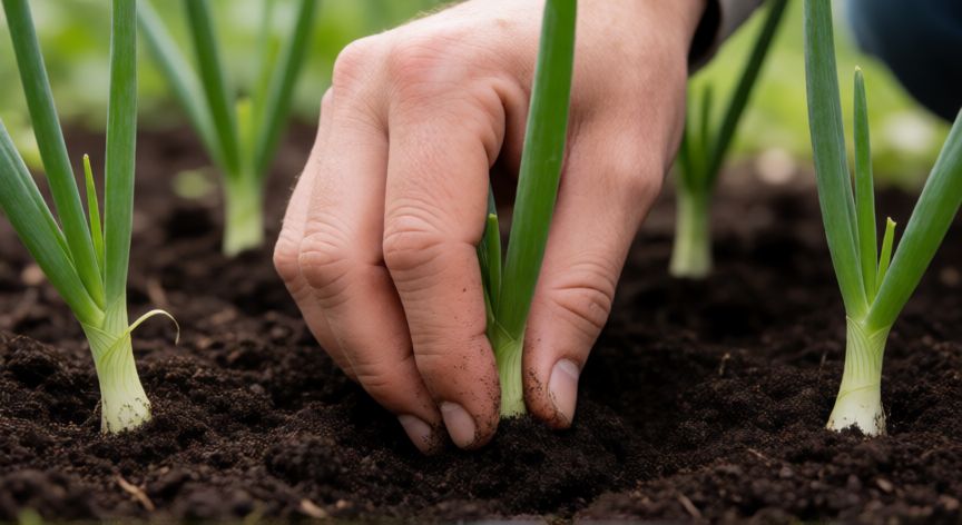 como plantar cebollas en el huerto, Manos plantando ceble joven en suelo rico y oscuro