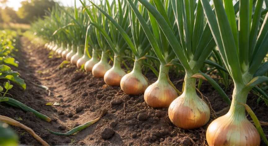 como plantar cebollas en el huerto, Hileras de cebollas madurando en un huerto ordenado bajo el sol