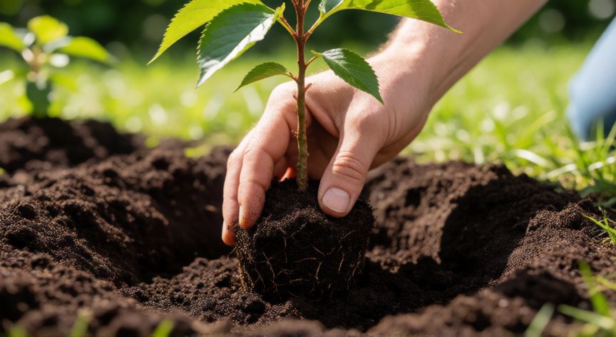 como plantar cerezas, Plantando un árbol de cerezo joven en el suelo preparado