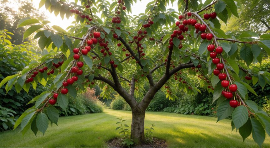 como plantar cerezas, Árbol de cerezo maduro con cerezas rojas en un jardín