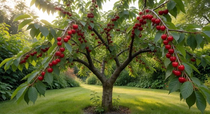 como plantar cerezas, Racimo de cerezas maduras colgando de una rama al amanecer en el huerto