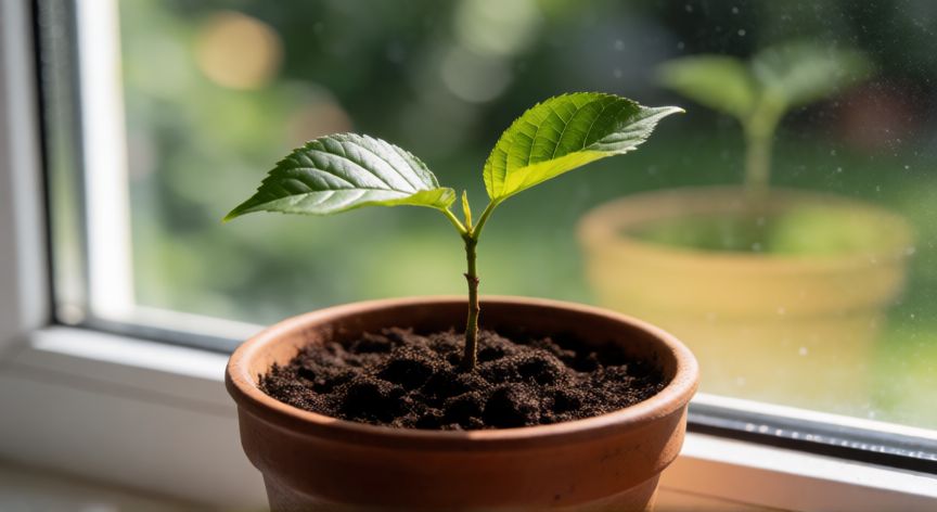 como plantar cerezas desde el hueso, Joven brote de cerezo en una maceta pequeña cerca de una ventana