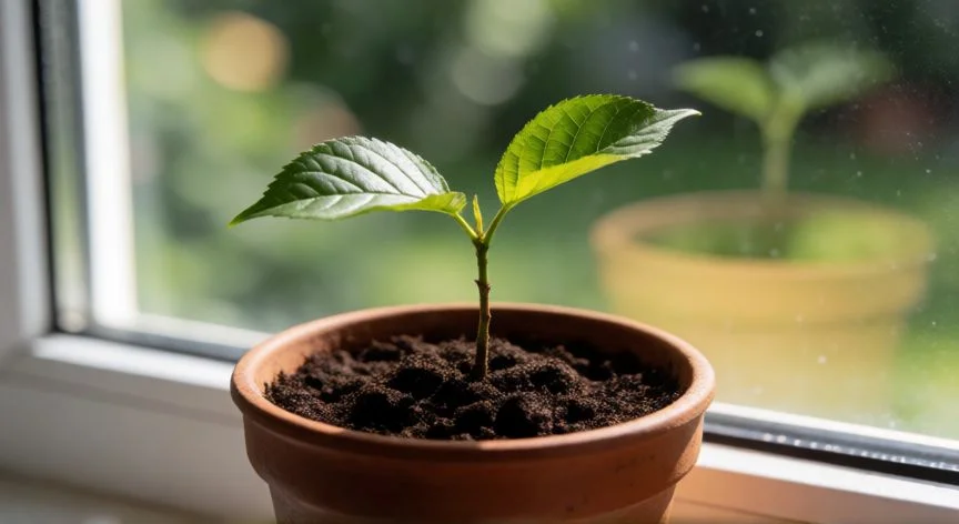 como plantar cerezas desde el hueso, Plántula de cerezo de 15 cm con diez hojas en una maceta junto a la ventana