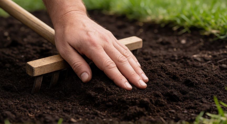 como plantar cesped, Preparación del suelo con rastrillo para plantar césped