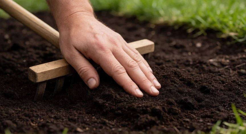 Gardener spreading grass seed over prepared soil in an autumn garden