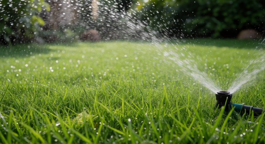 como plantar cesped, Riego fino de césped nuevo con aspersor en la mañana