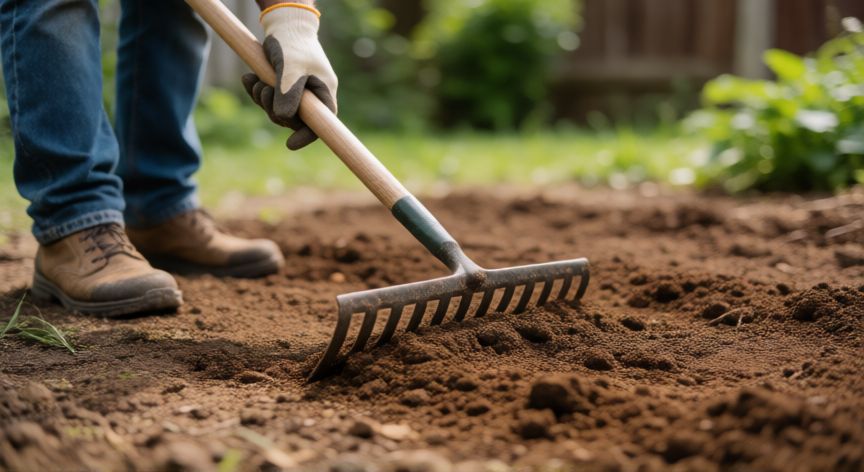 como plantar cesped natural, Preparación del suelo con rastrillo para plantar césped