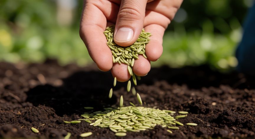 como plantar cesped natural, Esparciendo semillas de césped sobre el suelo preparado