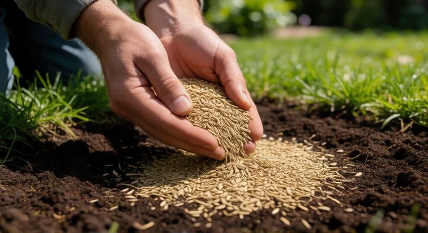 Persona esparciendo semilla de césped sobre terreno preparado y nivelado en primavera