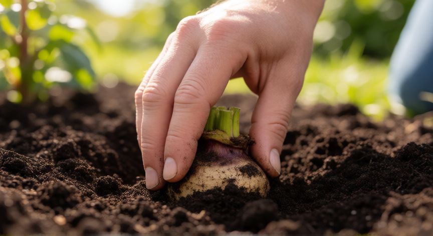 como plantar dalias, Planteando un tubérculo de dalia en la tierra del jardín