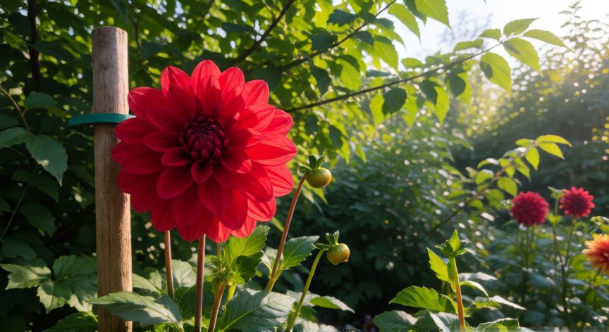 como plantar dalias, Dalia roja en flor con tutor en un jardín soleado