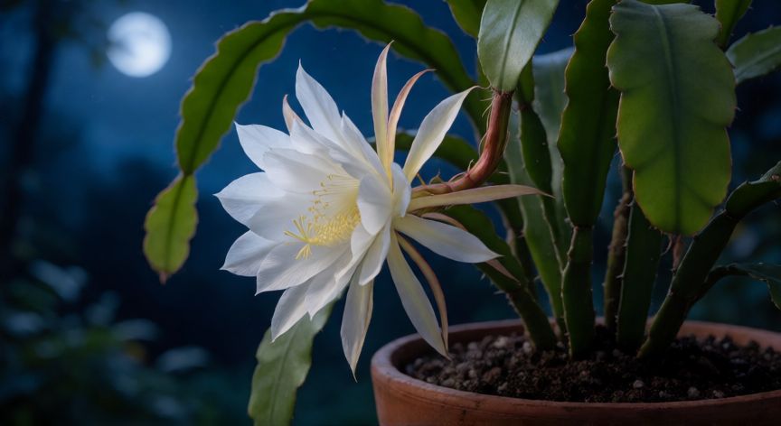 como plantar dama de noche, Planta de Dama de Noche en maceta con flor blanca abierta bajo la luz de la luna
