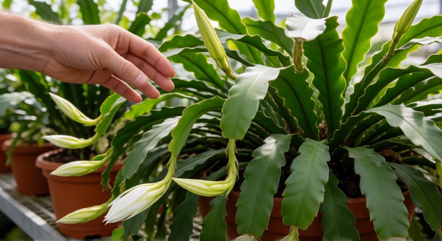 como plantar dama de noche, Manos regando una planta de Dama de Noche con yemas blancas en un invernadero