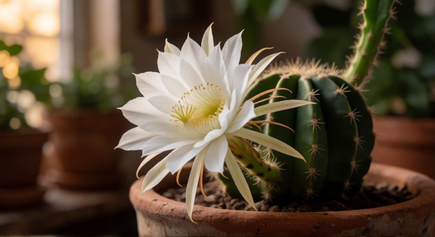 como plantar dama de noche en maceta, Flor blanca de dama de noche abierta en maceta de terracota