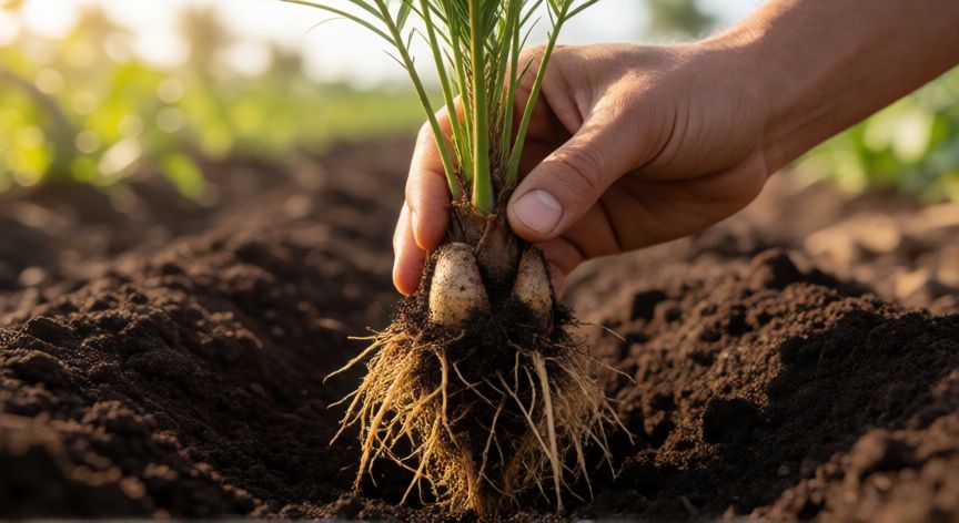 como plantar datiles, Siembra de una pata de datilera en el suelo preparado