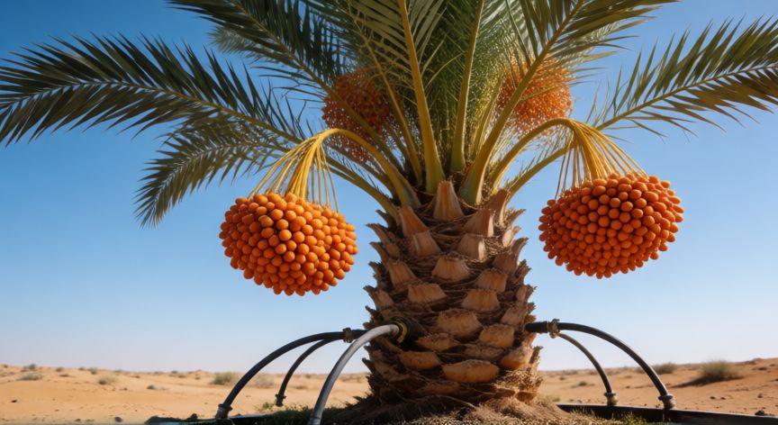 como plantar datiles, Palmera datilera madura con racimos de dátiles y sistema de riego