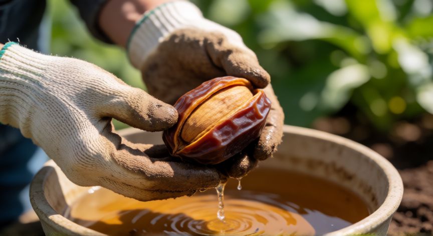 como plantar dátiles en maceta, Semilla de dátil preparándose para el tratamiento de germinación
