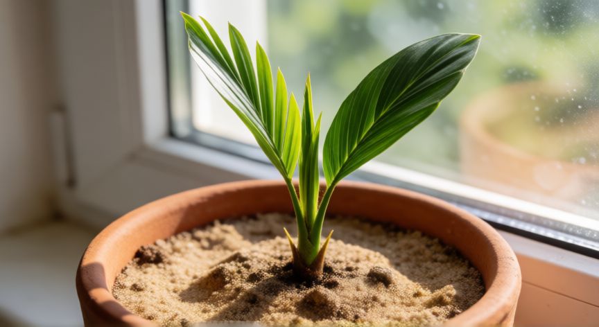 como plantar dátiles en maceta, Plántula joven de palmera datilera creciendo en maceta de terracota