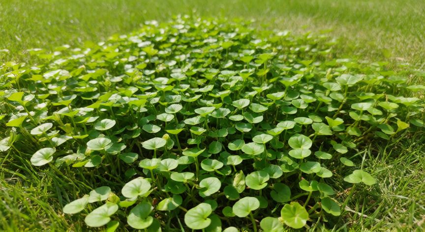 como plantar dichondra repens, Césped de Dichondra repens maduro y saludable en un jardín