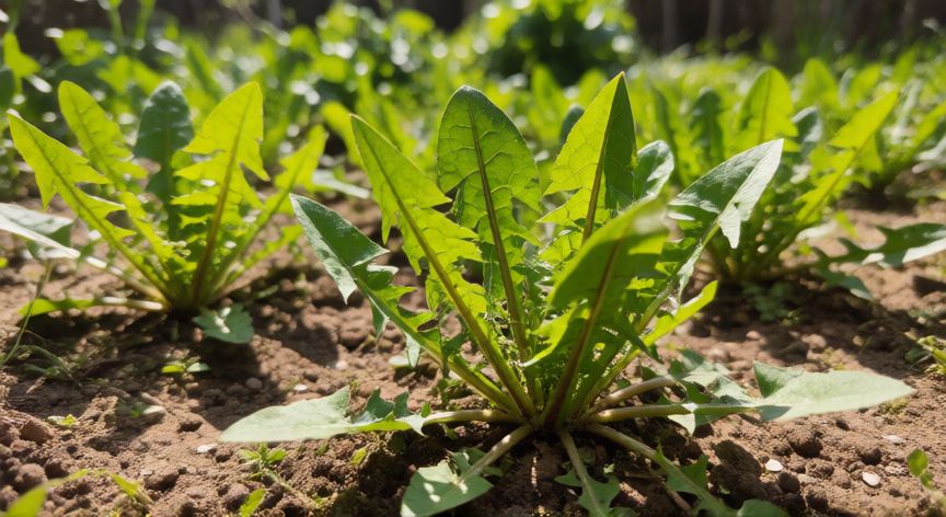 como plantar diente de leon, Plántulas jóvenes de diente de león creciendo bajo el sol