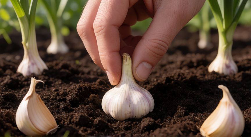 como plantar dientes de ajo, Manos plantando dientes de ajo en la tierra del huerto