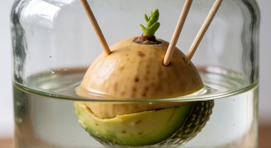 como plantar el hueso del aguacate, Hueso de aguacate germinando en un vaso con agua y palillos