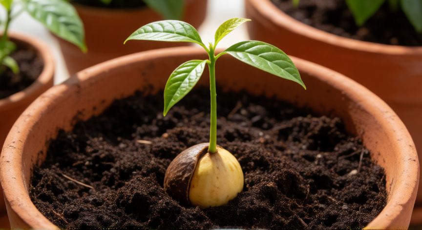 como plantar el hueso del aguacate, Plántula joven de aguacate en maceta con suelo húmedo