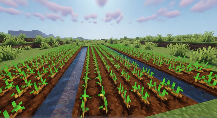 Granja de trigo organizada con canales de agua en Minecraft