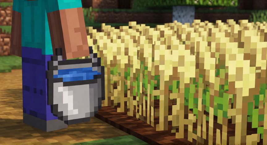 como plantar en minecraft, Cosecha de trigo maduro en una granja de Minecraft