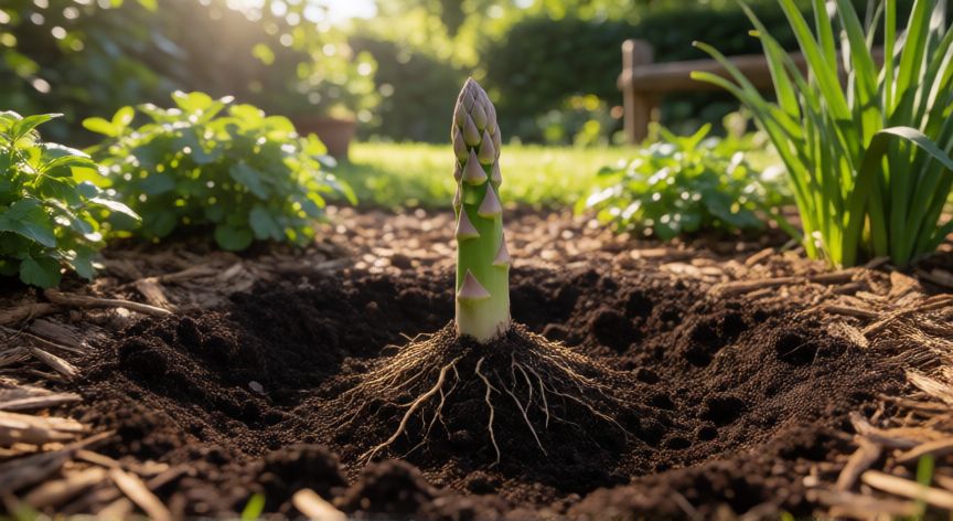 como plantar esparragos, Plantación de corona de espárrago en suelo preparado