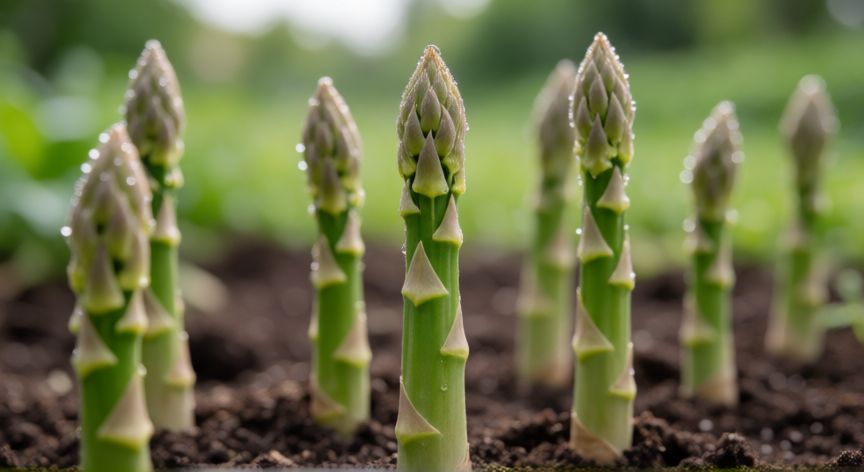 como plantar esparragos, Brotes jóvenes de espárrago emergiendo del suelo
