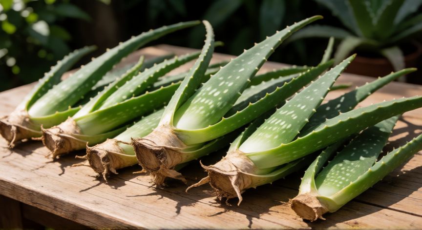 como plantar esquejes de aloe vera, Esquejes de aloe vera curando al aire libre sobre una mesa de madera
