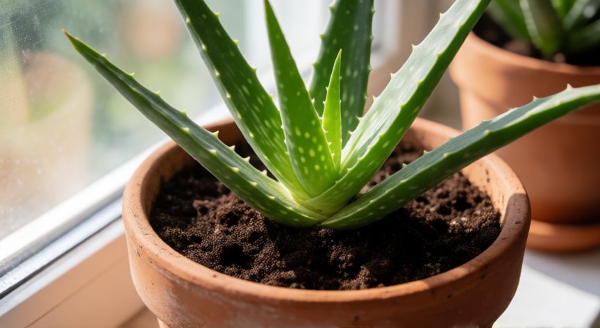 como plantar esquejes de aloe vera, Planta de aloe vera recién plantada en maceta con buen drenaje