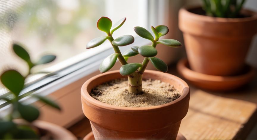 como plantar esquejes de arbol de jade, Maceta con esqueje de jade recien plantado junto a una ventana