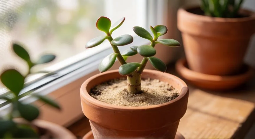 como plantar esquejes de arbol de jade, Hoja de jade propagada en sustrato con pequeño brote emergiendo desde la base