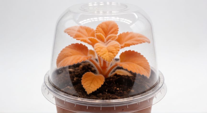 como plantar esquejes de cintas, Esqueje de musga en maceta bajo campana de plástico para mantener humedad