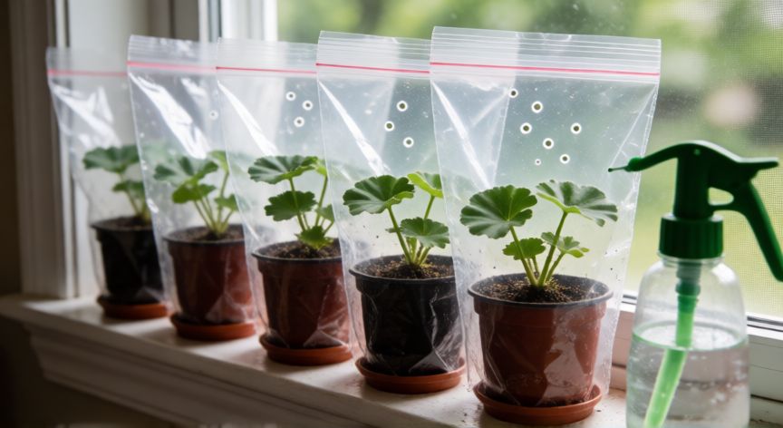 como plantar esquejes de geranios, Macetas con esquejes de geranio bajo bolsa de plástico para enraizar
