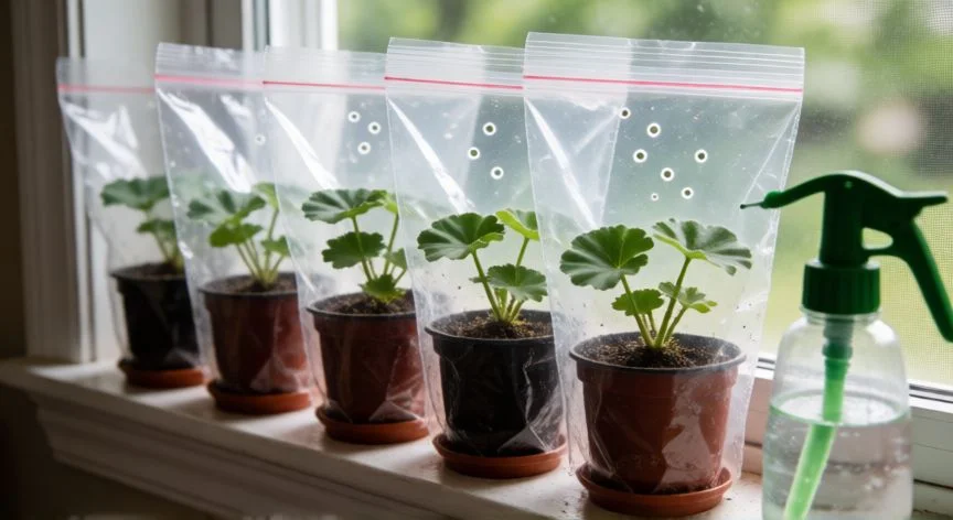 como plantar esquejes de geranios, Esquejes de geranio enraizando en maceta y frasco con agua