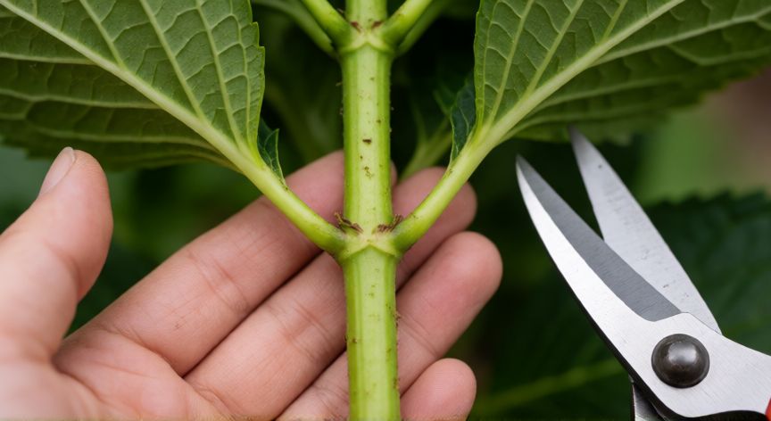 como plantar esquejes de hortensias, Preparación del esqueje de hortensia con tijeras de podar