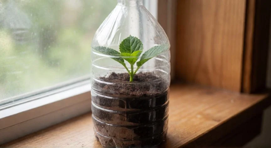 como plantar esquejes de hortensias, Esquejes de hortensia enraizando en un frasco de vidrio con agua transparente