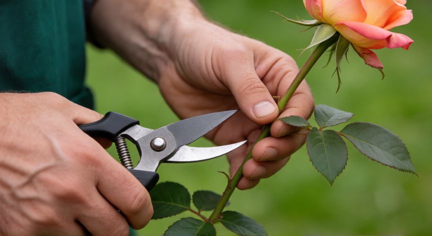 como plantar esquejes de rosal, Corte de esqueje de rosal con tijeras de podar